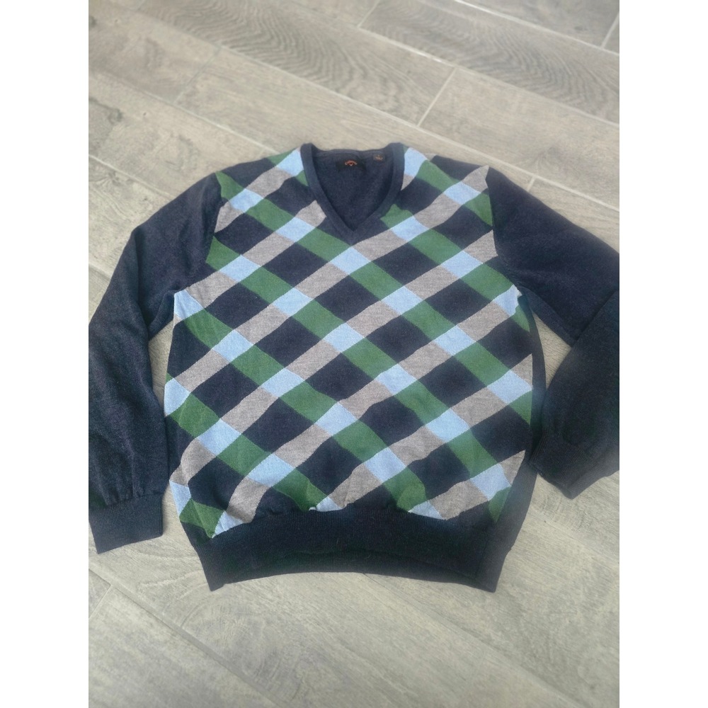 Callaway Mens Large Argyle V-Neck‎ Sweater 100% Merino Wool Navy Blue Green Golf